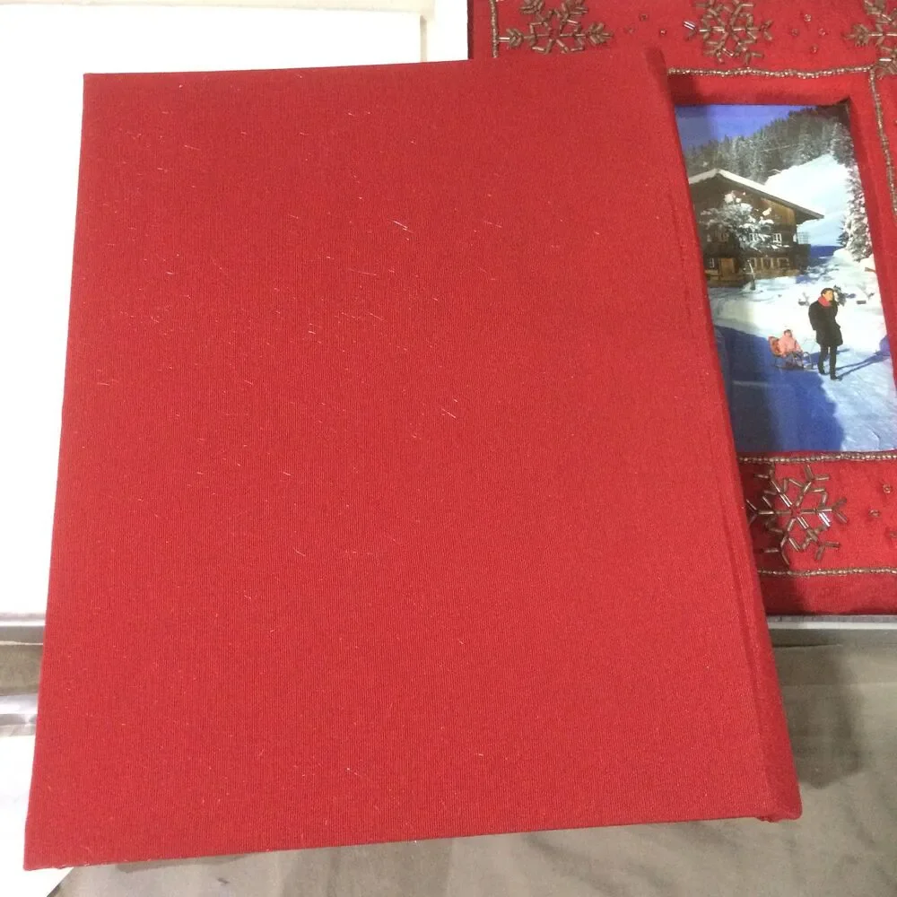 Vintage Deluxe Embroidered Red Velvet Snowflake Journal & Picture Frame Set NOS